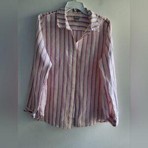 Chico's Cream/Purple Stripped Linen "No-Iron" Button Up Blouse sz 2 or Large